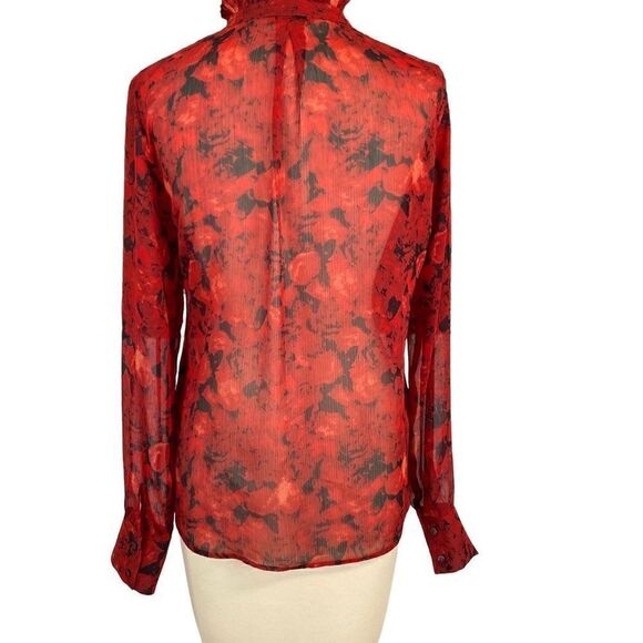 Joe Fresh Sheer Red Black Floral Ruffle Collar Tie Front Top Size Small - Picture 6 of 6
